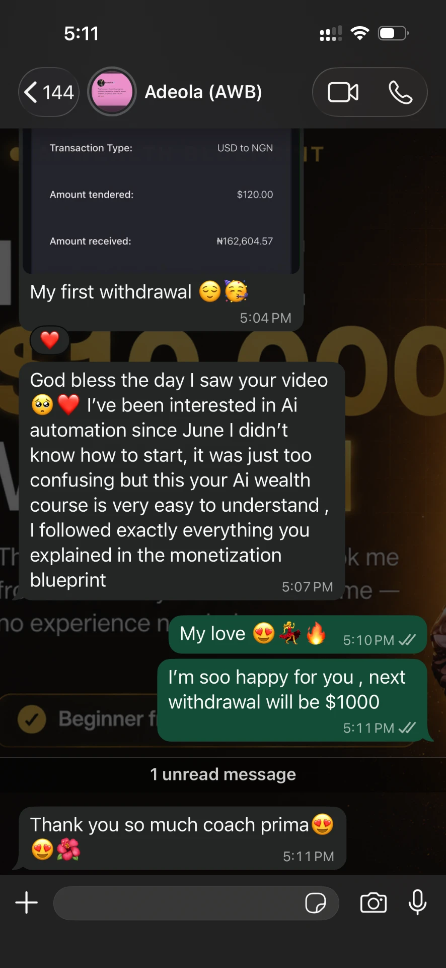 WhatsApp message from student Adeola showing a first withdrawal of $120
