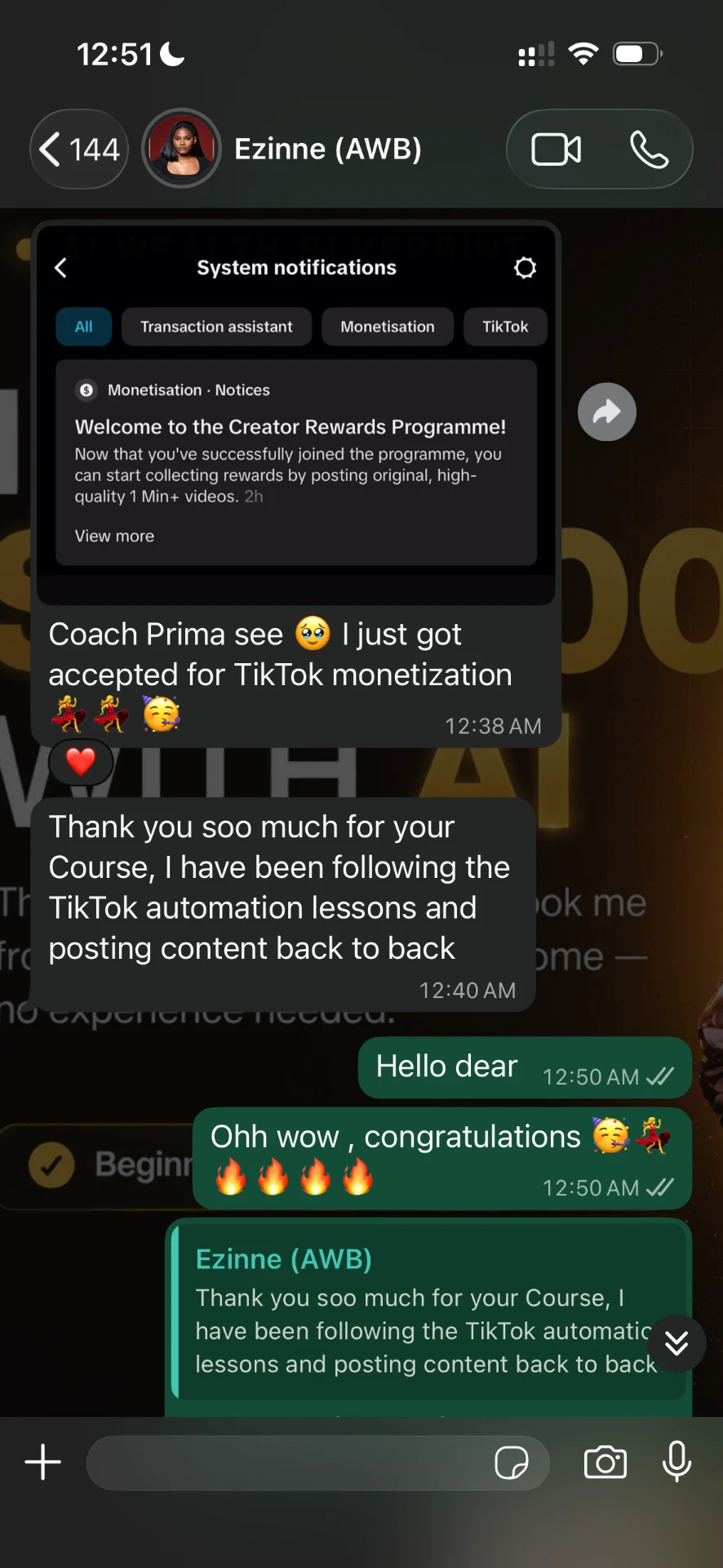 WhatsApp message from student Ezinne showing TikTok monetization approval
