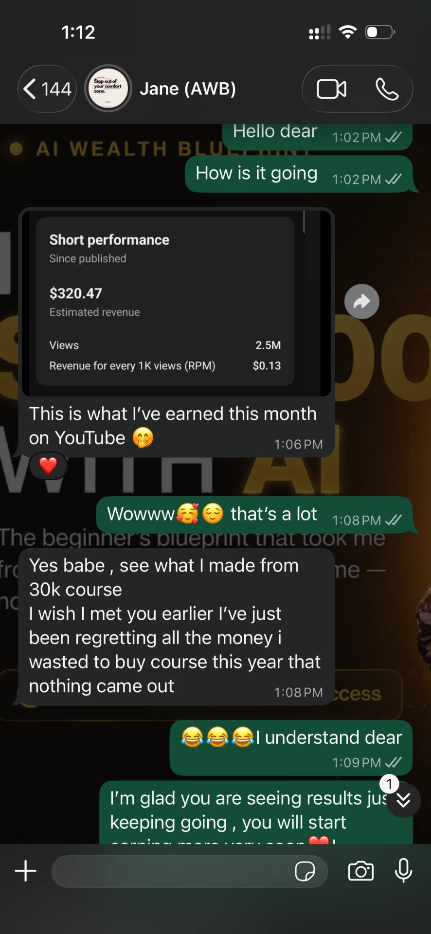 WhatsApp message from student Jane showing $320.47 estimated YouTube revenue