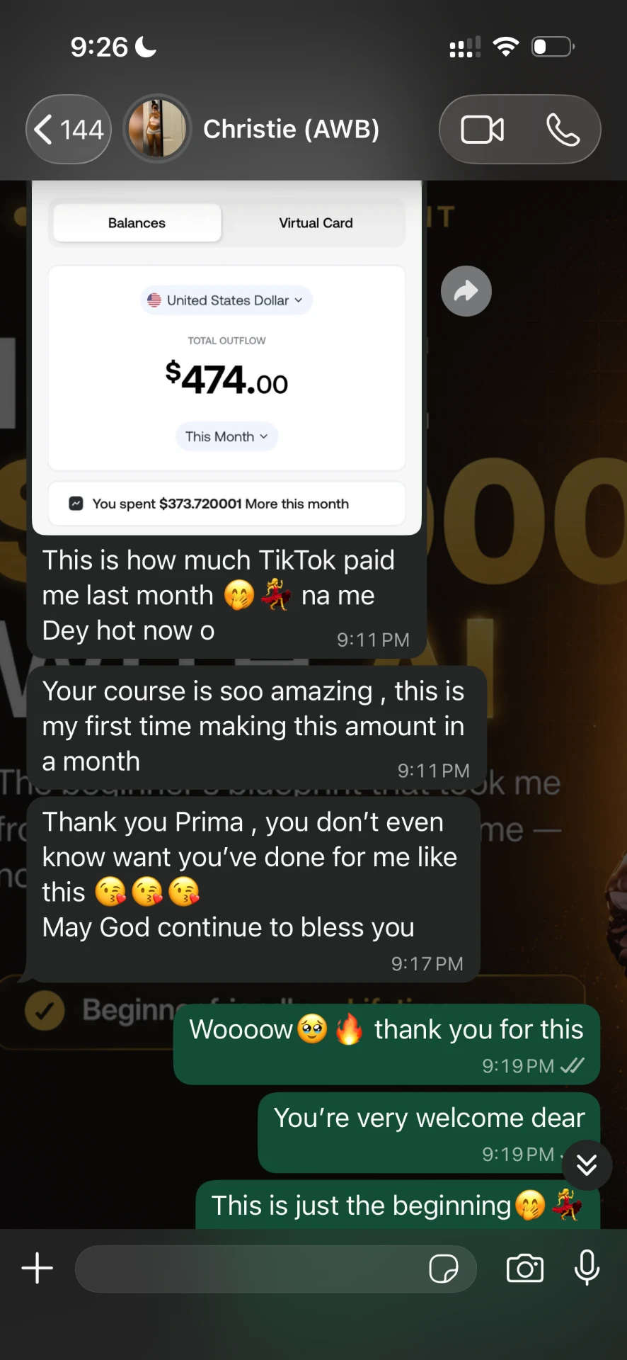 WhatsApp message from student Christie showing $474 earned from TikTok in a month